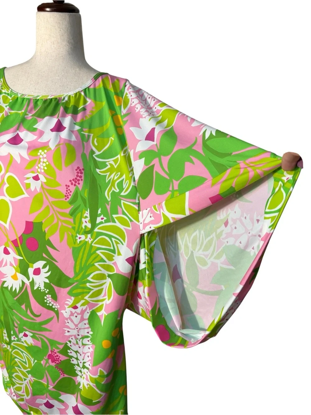 Trina Turk Tropical Floral Swim Cover Up Dress Pink Green Split Sleeve XL
